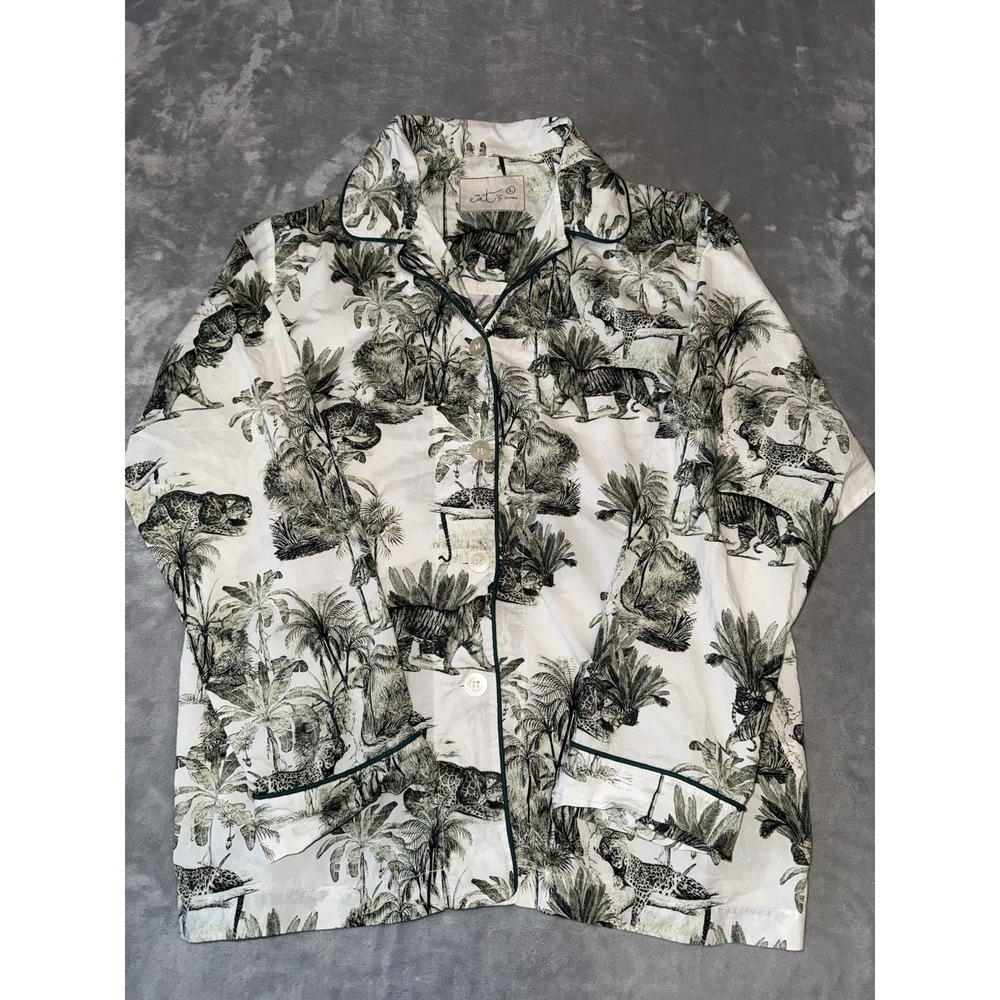 The Cat's Pajamas Jungle Cats Woods Cotton Pajama Top Button Front L Sleepwear